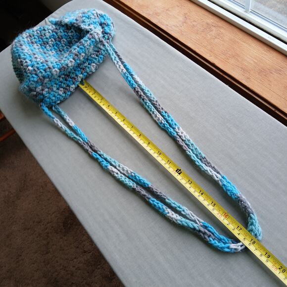 Icelandic Crochet Drawstring Mini Backpack Purse Bag blue grey handmade unlined - Picture 12 of 12